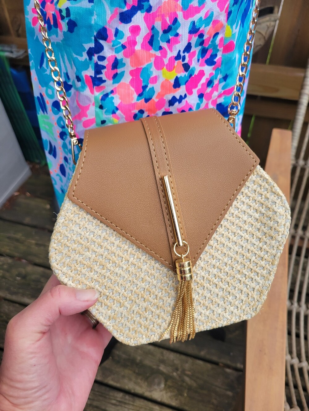 Woven Straw and Tan Faux Leather Hexagon Crossbody Bag with Gold Tassel